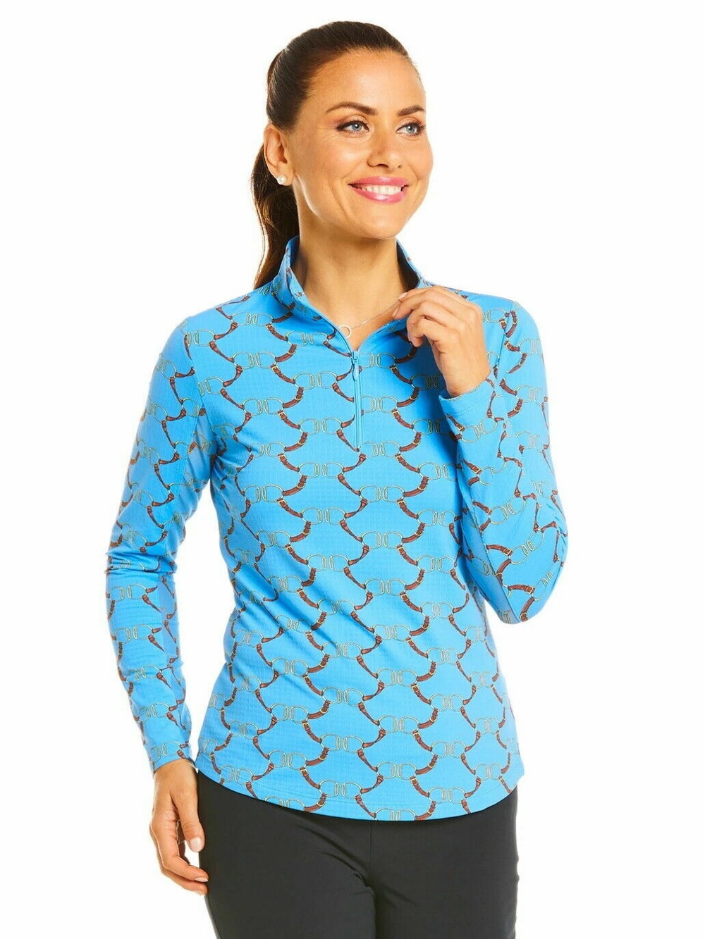 IBKul Belmont Blue Long Sleeve Mock Quarter Zip Golf Shirt